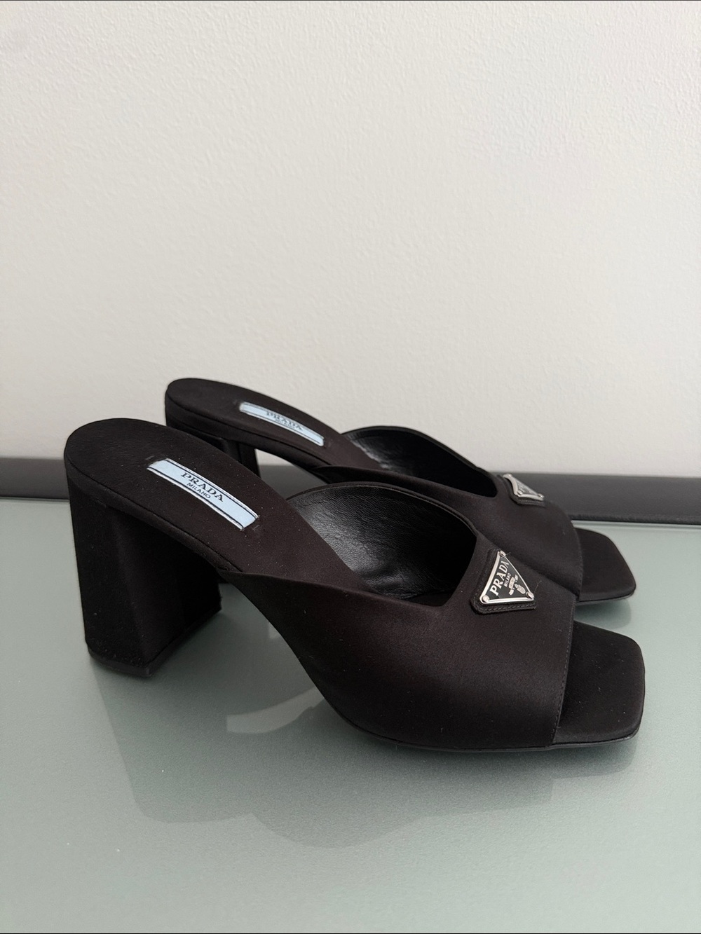 Prada Black Satin Logo Mule Heels with Silver Plaque Size 38 - Picture 8 of 8